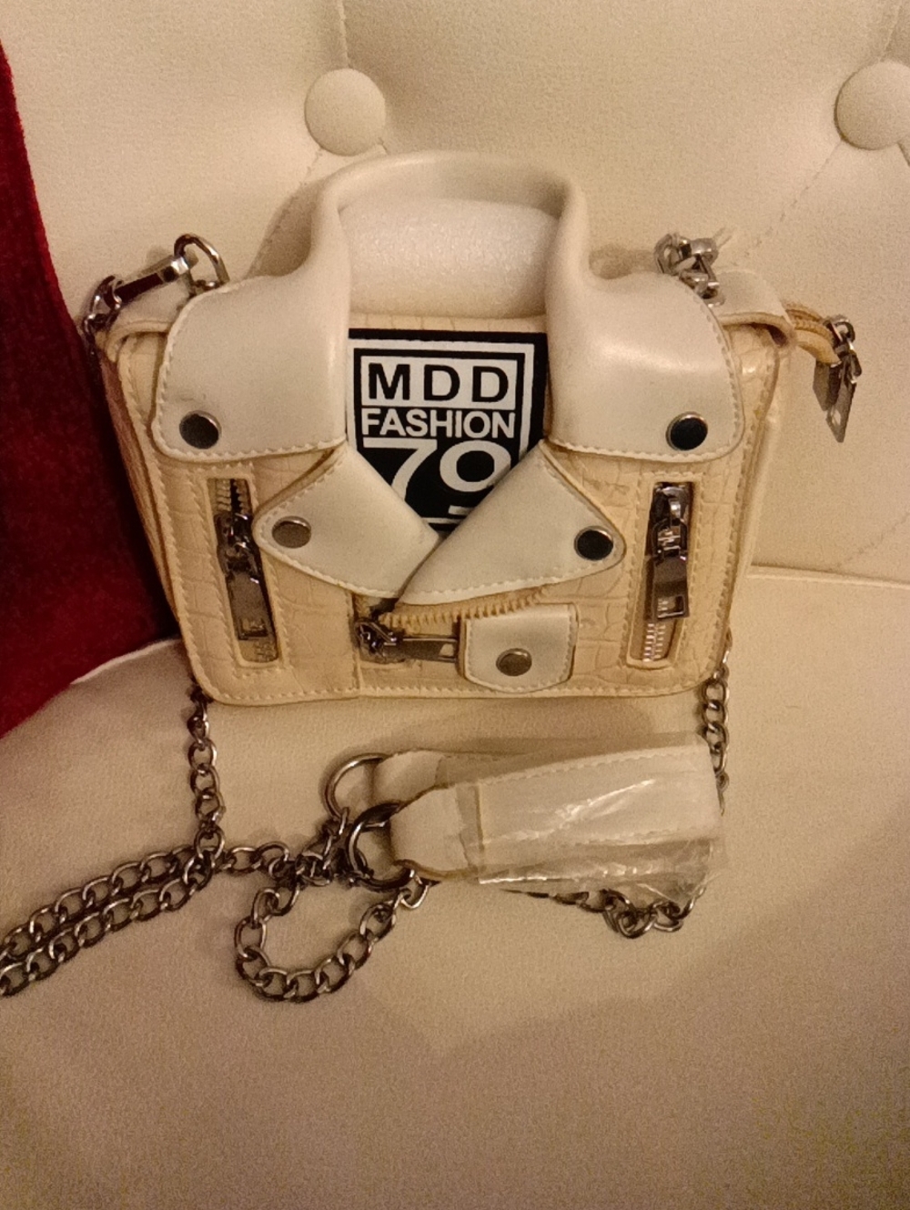 Cream Mini Biker-Style Crossbody Bag with Chain Strap